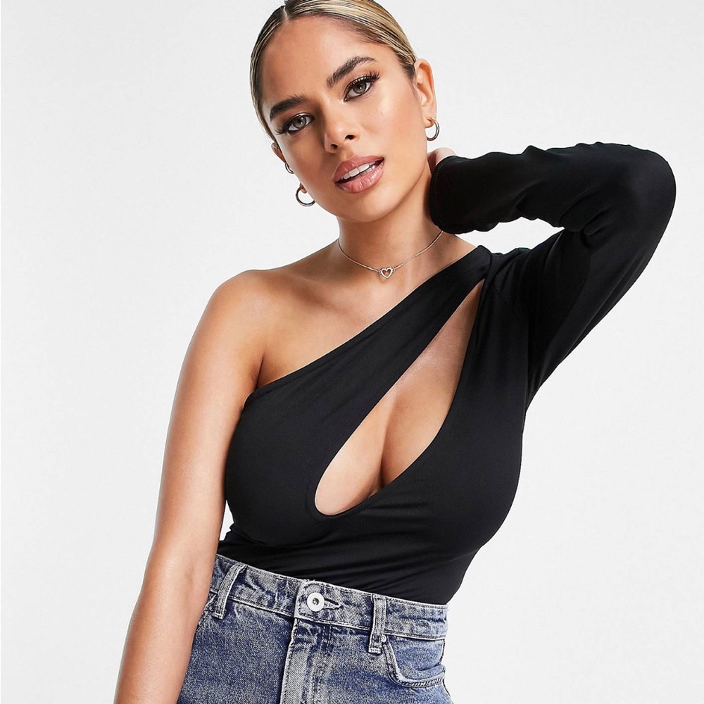 ASOS DESIGN Fuller Bust cut out one shoulder bodysuit in black